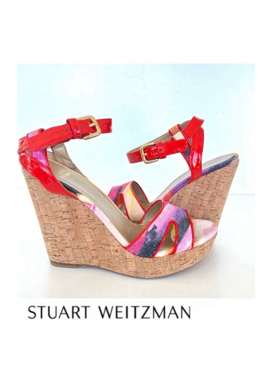 Stuart Weitzman Shoes - STUART WEITZMAN Orange Patent Leather w Multicolor Canvas Wedge Sandals Sz 9 M